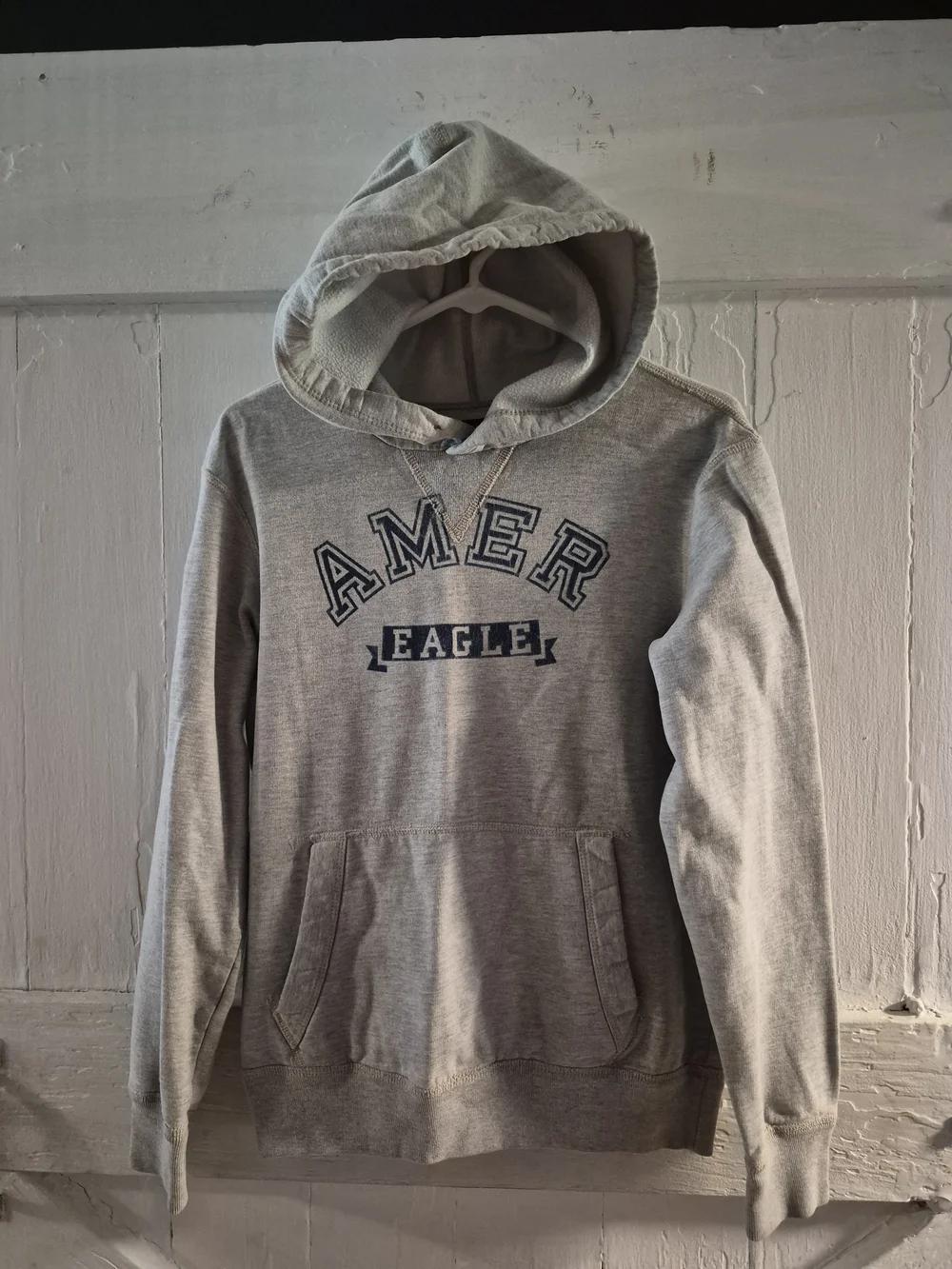 American Eagle Mens Small Gray Varsity Spell Out Pullover Fleece Hoodie 5074